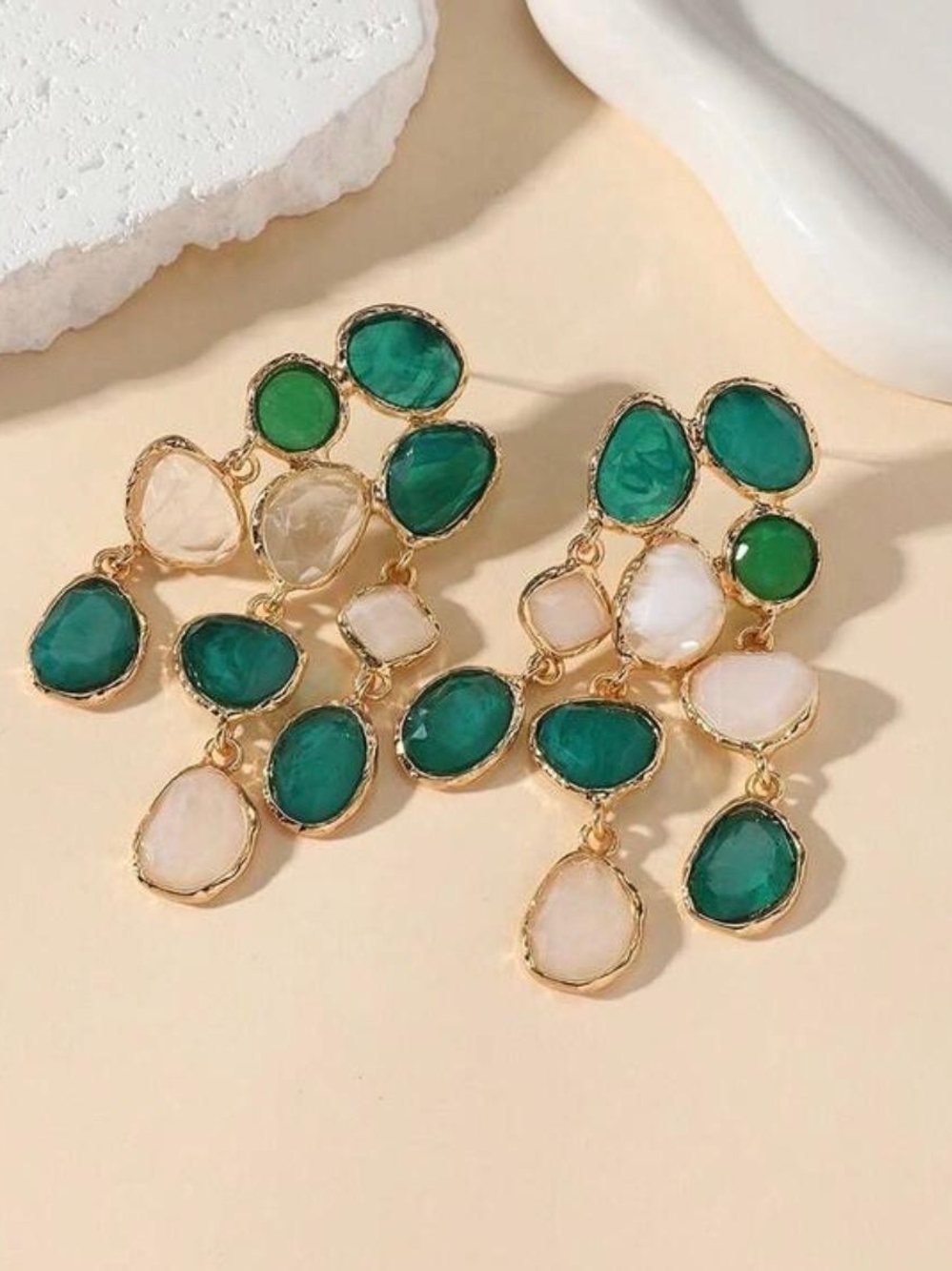 Gold Green and White Multi-Stone Chandelier Earrings - Picture 2 of 4